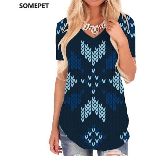 SOMEPET Christmas T-shirt women Snowflake V-neck Tshirt Pattern T-shirts 3d Harajuku Shirt Print Womens Clothing Summer Loose