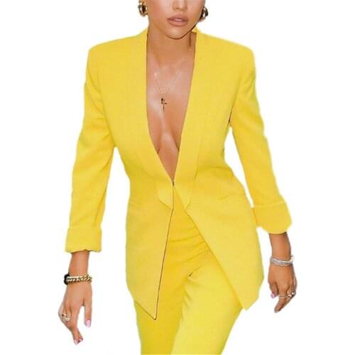 Women Business Suits For Work Yellow 2 Pieces Blazer Pants Casual Office Business Suits Formal Stylish Elegant Pant Suits