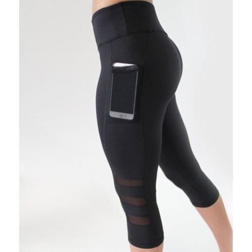 Women Seven Points Running Sports Fitness Leggings Side Phone Pocket Mesh Patchwork 3/4 Yoga Shorts Female Fitness Trousers Girl