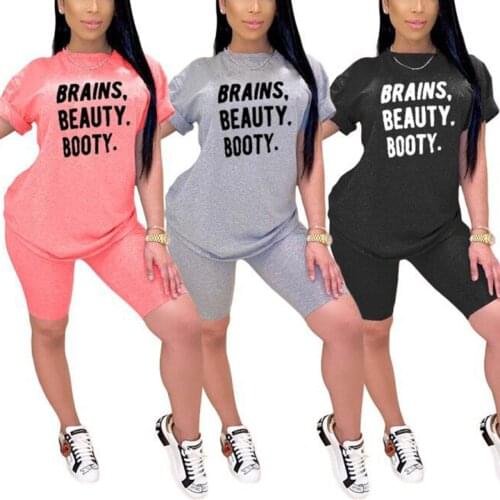 2021 New Women Casual 2-piece Yoga sets Female Short Sleeve Letter Print T-shirt and Solid Color Shorts Sportswear Exercise Set