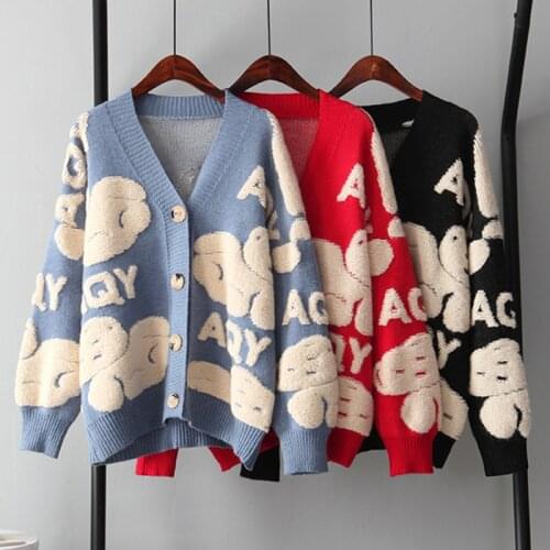 2021 Autumn Winter Cardigan Women Oversized Knitted Sweater Bear Pattern Womens Sweater Coat Loose Thicken Cardigan Knitwears