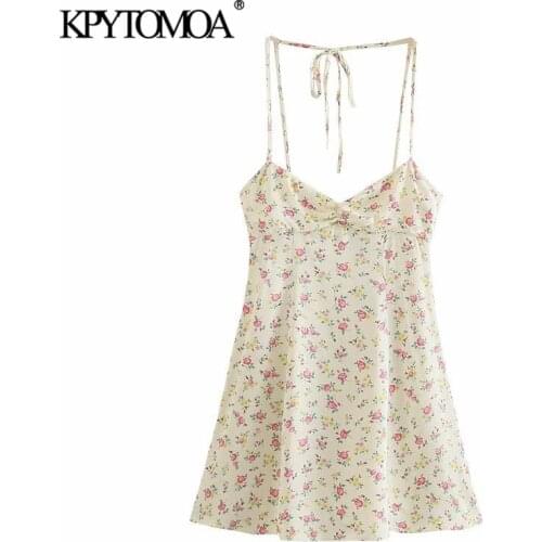 KPYTOMOA Women 2021 Fashion With Gathered Floral Print Mini Dress Vintage Backless Zipper Thin Straps Female Dresses Vestidos