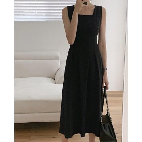 Summer Minimalist French Style Slim Vestidos Womens Square Collar Slim Pleated Waist Waist Vest Midi Dress DK283