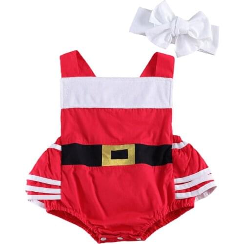 2020 Xmas 0-24M Infant Baby Girl Playsuit Santas Costume Clothes Stripe Ruffle Tutu Backless Romper With Headband Chistmas Party