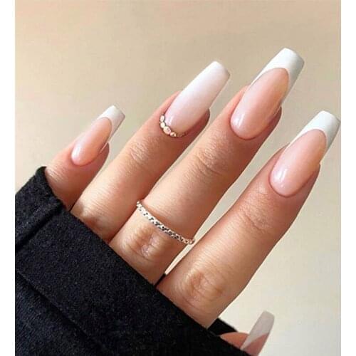 24pcs French Fake Nails Extra Long Rhinestone Detachable Coffin False Nails Acrylic Ballerina Nail Decoration Art Tips with Glue