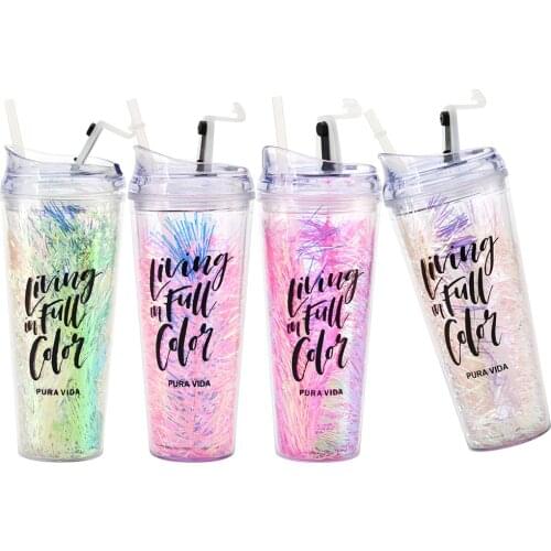 450ml / 550ml Tumbler Plastic Axle Straight Coffee Cup Double Straw Ice Cup Crystal Bridal Water Cup with Lid