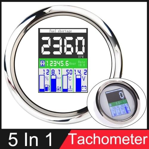85mm TFT 5 in 1 Multi-functional Gauge Digital Tachometer 0~9999 RPM With Hours Fuel Level Water Temp Oil Pressure Meter Alarm