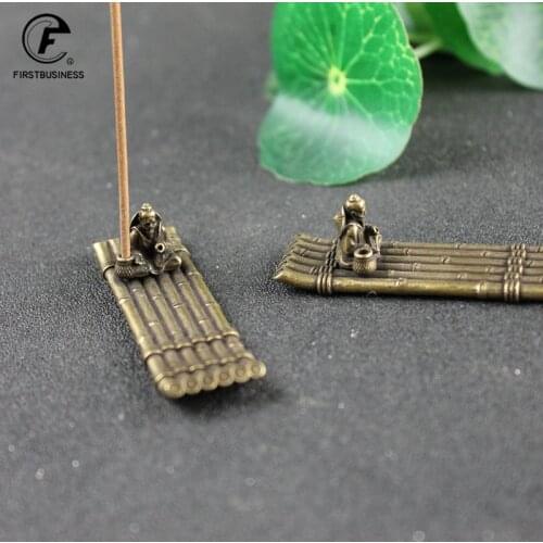 Antique Bronze Bamboo Raft Fishing Boat Fisherman Art Modeling Sculpture Incense Holder Desktop Ornaments Brass Figurines Decors