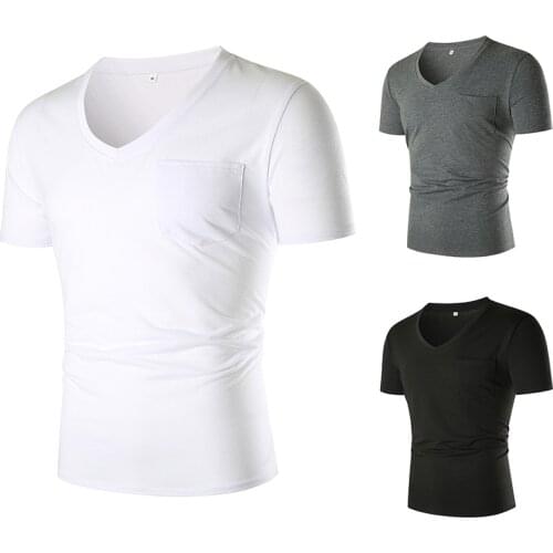 2021 New Summer Fashion Casual Mens Solid Color V-neck Slim High Street Short Sleeve Mens T-shirt