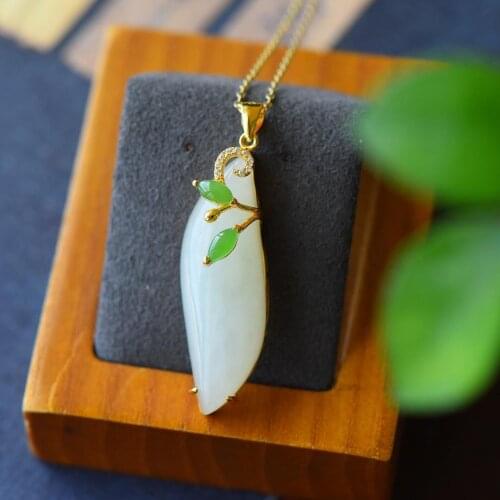 Natural Hetian Jade Green Jade Willow Leaf Jade Pendant S925 Sterling Silver Inlaid Necklace to Give Mom Birthday Gift Jewelry