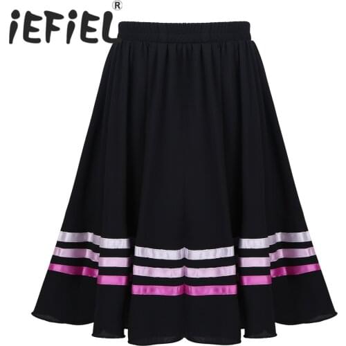 IEFiEL Kids Girls Chiffon Elastic Waist Pull-On Full Circle Ribbons Decorated Skirt Dance Skirt for Ballet Stage Performance