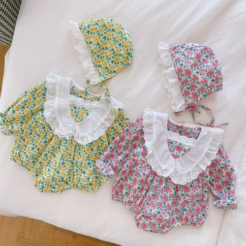 0-24M Lovely Baby Girls Romper+ Hat Lace Flower Print Lotus Leaf Sweet Style Autumn Kids Girl Clothes