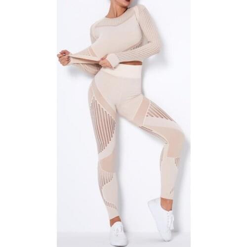 Two Piece Jogger Set Women Seamless Solid Color Blouses Leggings High Waist Fitness Sportswear Tracksuits Sweat Suits 2021