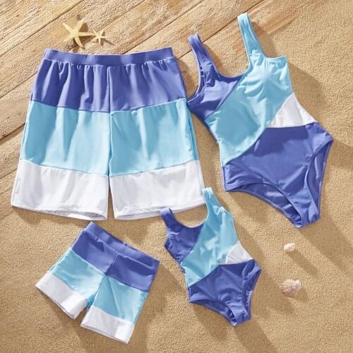 PatPat Family Look Blue Series Colorblock One-piece Matching Swimsuits