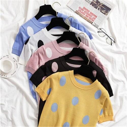 Korean Polka Dot T Shirt Women Tshirt Knitted Cotton 2020 Summer Casual T-Shirt Korea Clothes Tee Shirt Femme Camisetas Mujer