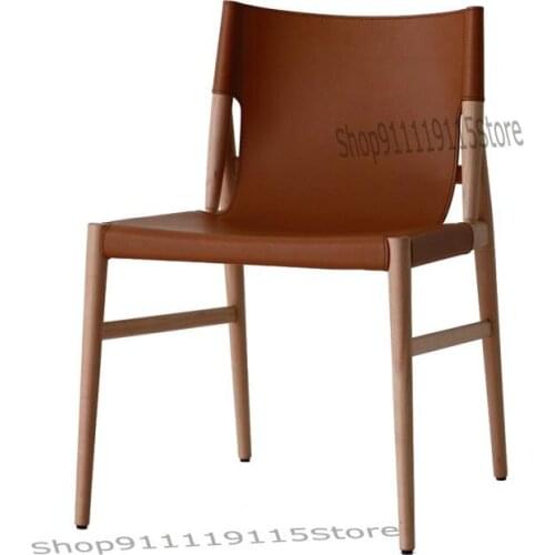 Customized Nordic E Family Saddle Leather Chair Designer Nordic Solid Wood Dining Chair Hotel Club Coffee Shop Back Chair Family