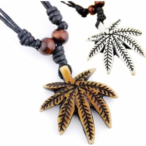 Cool Imitation yak bone carved maple leaf charm pendant necklace adjustable rope gift XL49
