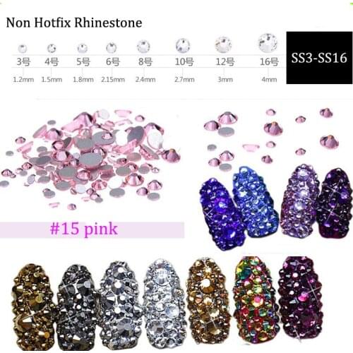L.Rose Glass Rhinestones ss3 ss4 ss5 ss6 ss10 ss12 ss16 1440 pcs Non HotFix 3D Nail Art Decorations Flatback Rhineston (No.15)