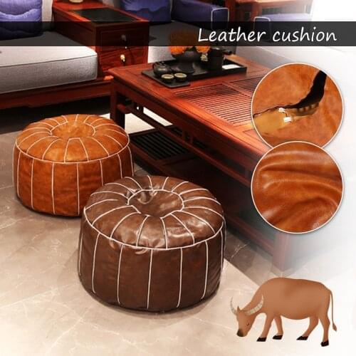 Moroccan PU Leather Pouf Embroider Craft Hassock Ottoman Footstool Round Large Artificial Leather Unstuffed Cushion