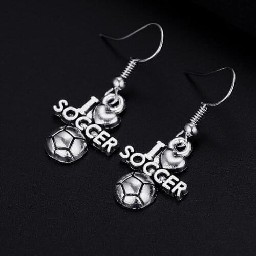 Trendy Vintage I Love Soccer Antique Silver Plated Punk Hiphop Rock Style Retro Drop Earrings for Women Girl & Man Party Jewelry