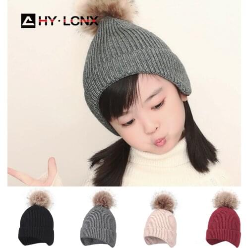 Autumn Winter Outdoor Warm Windproof Baby Knitted Hat Cute Pompom Thick Bonnet Hats Kids Cap Childrens Toddler Boys Girls Caps