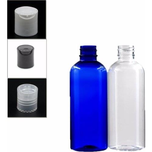 100ml empty Dispensing Caps Plastic Bottles, blue/clear pet bottle with transparent/white/black disc-top cap X 5