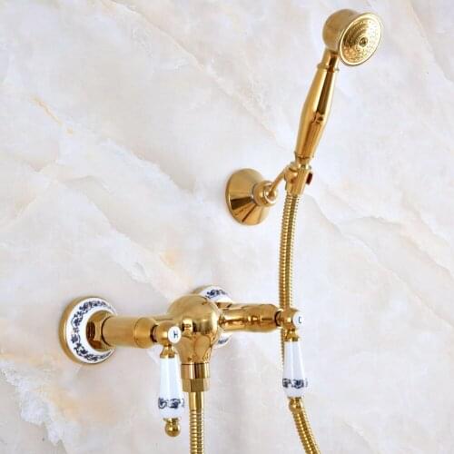 Luxury Bathroom Bath Wall Mounted Hand Held Gold Color Brass Shower Head Kit Shower Faucet Sets zna988