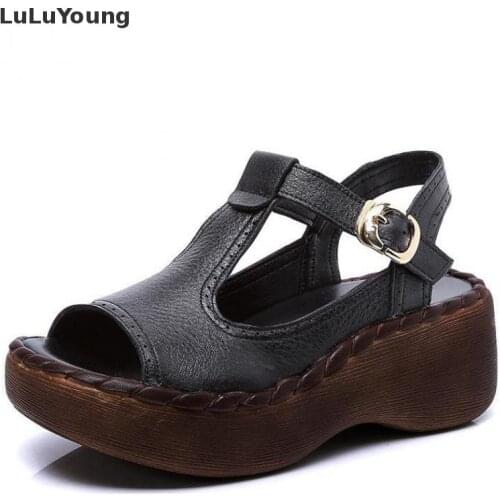 Genuine Leather Open Toe Wedges Sandals Women Platform High Heel T Strap Shoes Sy-2818