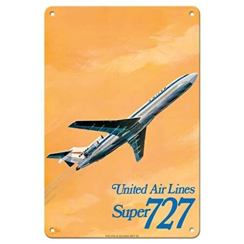 Boeing Super 727 Jet Airplane - United Airlines - Airline by C. Bail c.1969 Metal Tin Sign