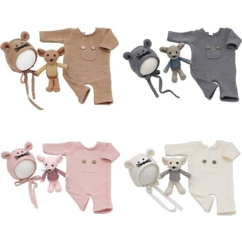 3 Pcs/set Newborn Photography Props Suit Knitted Cotton Jumpsuit Hat Mouse Doll Infant Photo Shooting Clothes Outfits