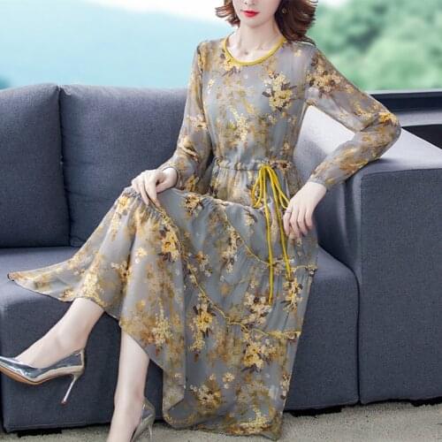 Spring Autumn Casual Floral Mulberry Silk Dresses 2021 Vintage 3XL Plus Size Long Sleeve Dresses Elegant Bodycon Women Vestidos
