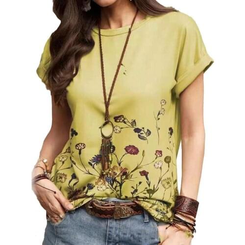 Women T-Shirt Fashion Casual Colorful Smooth Loose Round Neck Floral Printed Women Short Sleeve Tee Shirt Top Plus Size