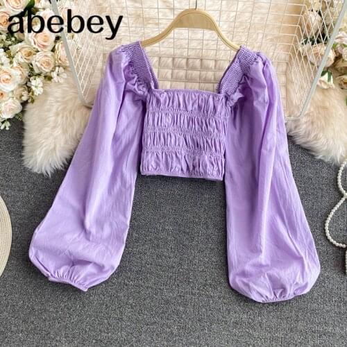 2021 New Summer Women Vintage versatile square collar Lantern Sleeve Shirt high waist short irregular pleated Shirt Top