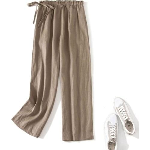 Women Casual Ankle-length Cotton Linen Pants New 2021 Spring Vintage Comfort Solid Color Female Bowtie High Waist Wide Leg Pants