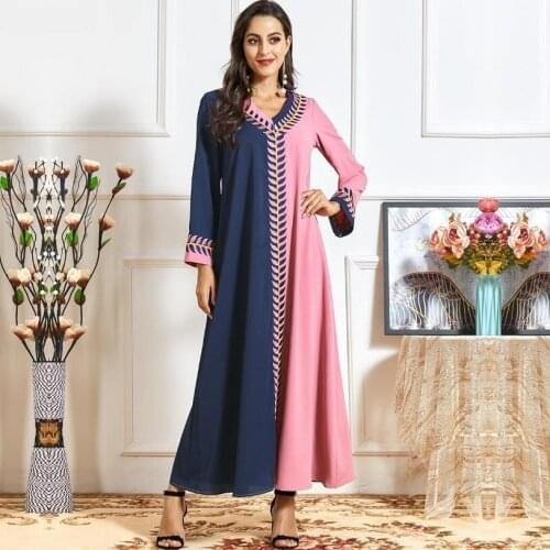 Hit Color Embroidery Abayas Maxi Dress for Women 2021 Plus Size V Neck Long Sleeve Muslim Arabic Turkey Ethnic Clothes F2780