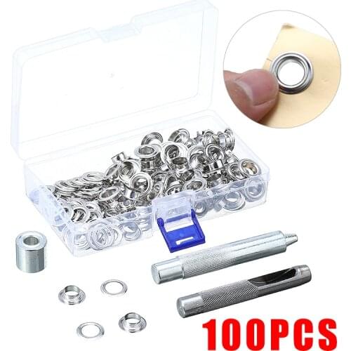 100pcs Eyelets Set Grommet Tarpaulin Tarp Tent Awning Repair Kit + Tools + Box For DIY Leather Craft Supplies