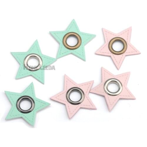 30pcs/lot STAR pink/mint PU leather sew on Badges patch labels + inner 8mm metal brass eyelets grommets free ship