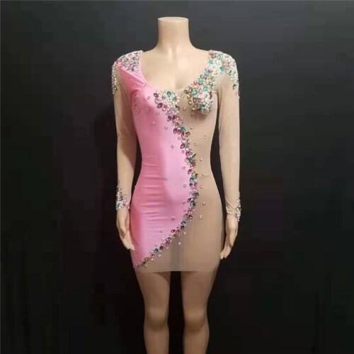 Sparkly Big Crystals Mesh Perspective Dance Costume Evening Party Dresses Birthday Celebrate Costume Singer Performance Dance