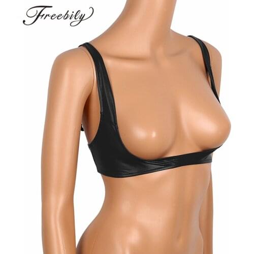 Hot Sexy Womens Exposed Breasts Nipples Bra Lingerie Fashion Faux Leather Adjustable Wire-free Open Cup Shelf Bra Top