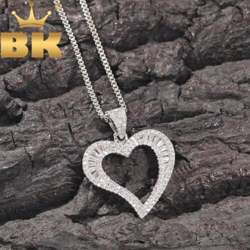 THE BLING KING Iced Out Crystal Baguette CZ Lovely Heart Pendant Box Chain Necklace For Women Valentines Fashion Hiphop Jewelry