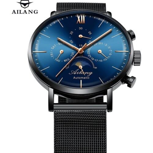 AILANG Top Brand Chronograph Watch Mens 50m Waterproof Stainless Steel Automatic Mechanical Watch Man steampunk Reloj Hombre