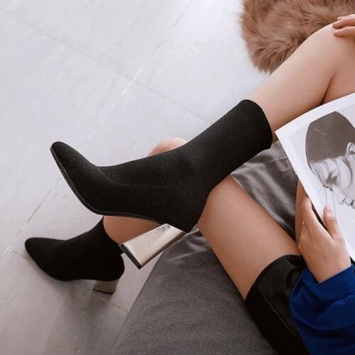 Childrens boots 2019 new versatile thick heel high heel knitted elastic socks boots autumn net red thin boots winter shoes shor