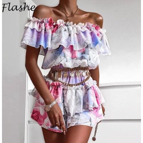 Elegant Party Dress Women Sexy Ruffled Women Dress Elastic Waist Off Shoulder Mini Dresses For Women Flower Print Dress Boho