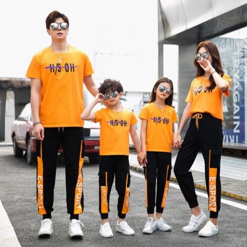 Sports look Summer New Fashion Family outfits Letter clothing mother Girl father Boy Orange cotton T shirts & trousers 2pcs/sets