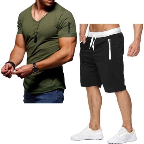 Mans T Shirt +Shorts 2 Pieces Sets Summer Casual T shirt tops O- neck Muscle Tee Tops Shorts T-shirt Pullover Mens Tops