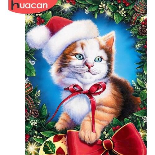 HUACAN Painting By Number Christmas Cat Kits For Adults Handpainted DIY Picture By Number Animal On Canvas Home Decoration