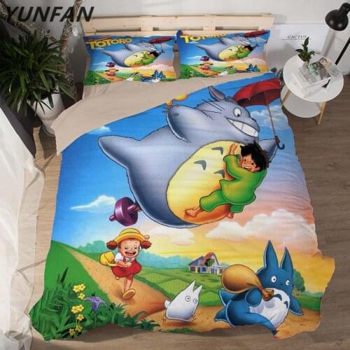 Cute Cartoon Totoro Bedding Set Colorful Scenery Plant Print Duvet Cover Set Kids Lovely Bed Cover Pillowcase Home Decor 3pcs