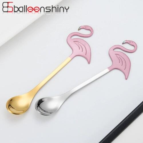 BalleenShiny Creative Flamingo Coffee Spoon Stainless Steel Cake Jelly Dessert Ice Cream Scoop Tea Soup Stirring Spoon Tableware