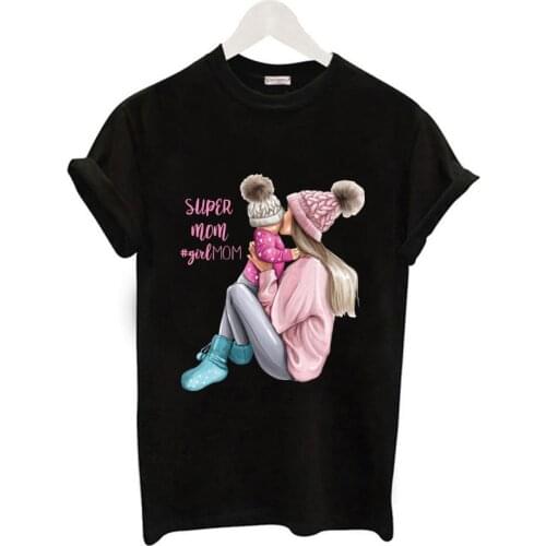 Mayos Casual Super Mom T-shirt Ladies Black Romantic Print Mom T-shirt Harajuku T-shirt Mom Tee Ladies T-shirt