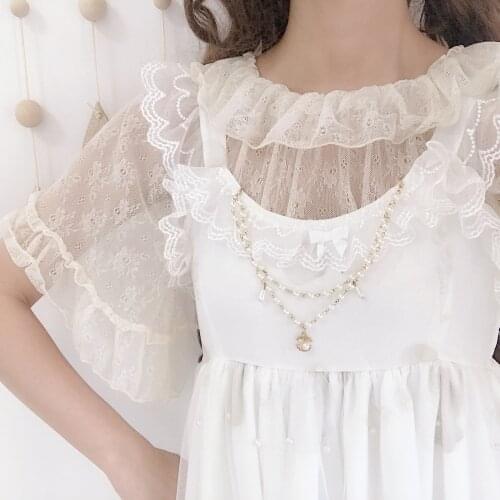 Cute Girls Summer Short Sleeve Lace Short Shirt Inner Blouse Easy Match Lolita Shirt Flower Embroidery Pink White Beige